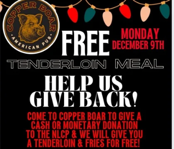 Free tenderloin with a donation to the Food Pantry at Copper Boar. The Local Hub Iowa City