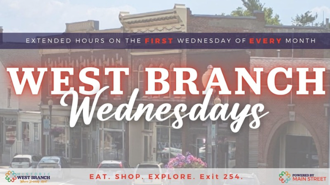 Extended shopping on Main Street West Branch the first Wednesday of each month. Event on The Local Hub Iowa City
