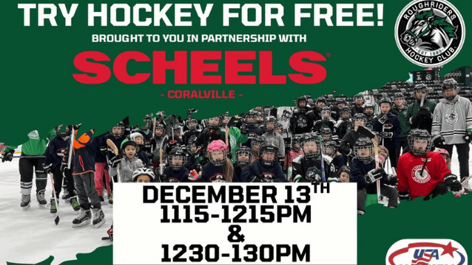 Ages 4-11, try hockey for FREE with the Youth RoughRiders Hockey Club at the ImOn Ice Arena in Cedar Rapids. This free kids event is featured on The Local Hub Iowa City